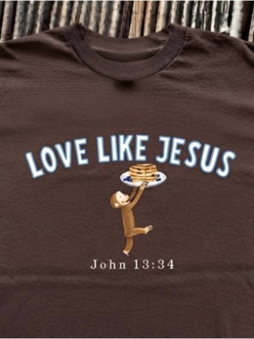 Love Like Jesus Curious George Pancakes Christian Faith T-Shirt - Picture 2 of 4